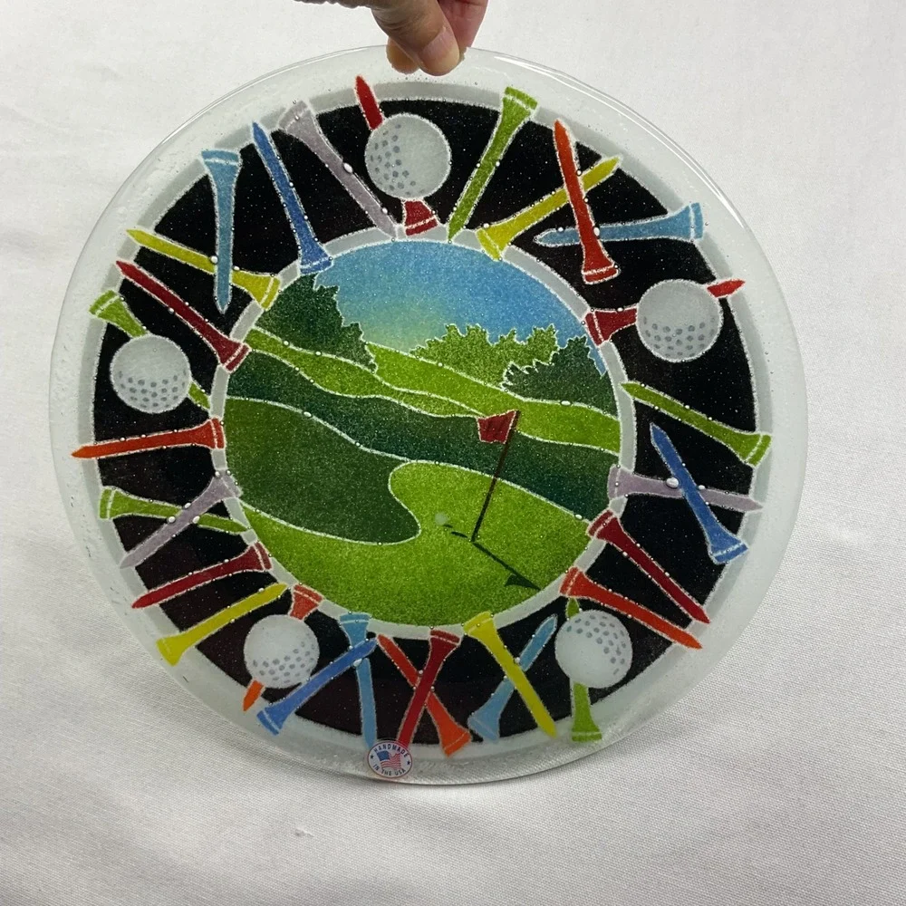 Peggy Karr Fused Glass Golf Plate Signed Art Glass 11.5 Inch Green Fairway Decor